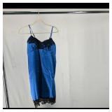 Blue Satin Slip Dress with Black Lace Trim