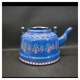 Decorative Blue Enamel Tea Kettle, Hand-Painted