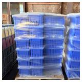 Stack of 60 Blue Plastic Storage Totes on Pallet