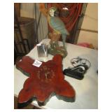 WOOD CLOCK ; PARROT CHALK FIGURINE ; MORE