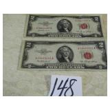 2- 1953 $2 NOTES W/ RED SEAL-B5,M3
