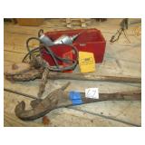 RED WOOD BOX W/ DRILL & BITS ; OIL FIELD CHAIN TOL