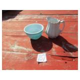 IRONSTONE CREAMER ; BLUE PYREX BOWL