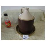 BROWN /WHITE STONEWARE CHICK WATERER W/ PLATE