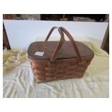 WOODEN PICNIC BASKET W/ RED /WHITE TABLE CLOTH