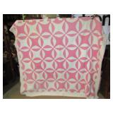 VINTAGE HAND STITCHED PINK & WHITE QUILT 72" X 74"