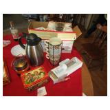 COFFEE CARAFE ; 4 MUGS ; CANDLE; COOKIE DECOR.