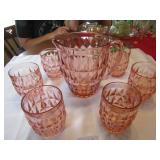 WINDSOR PATTERN PINK DEPRESSION PITCHER W/ 6 GLASS