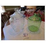 GREEN DEPRESSION COOKIE JAR ; PATTERN GLASS CLEAR