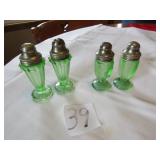 2 - SETS GREEN DEPRESSION SALT / PEPPER SHAKERS