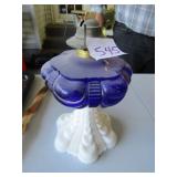 MILK GLASS BASE W/ COBALT TANK OIL LAMP