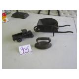 3- PIECES CAST IRON - WHEEL BARROW, SAD IRON, TRUK
