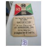 EARLY STORE HANGING TAGS -IRVINGTON ICE & COAL CO