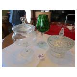 2 - CANDY DISHES ; GREEN GLASS STEMWARE