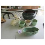 4- MC COY POTTERY FLOWER POTS ; RABBIT ; MORE