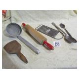 VINTAGE KITCHEN ITEMS - RED HANDLE ROLLING PIN,