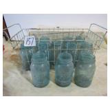 WIRE BASKET W/ 12 BLUE CANNING JARS
