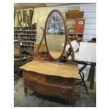 OAK 3 DRAWER LOW BOY CHEST W/ OVAL BEVELED