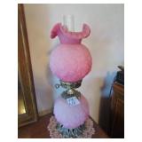 24" PINK SATIN RUFFLE TOP PARLOR LAMP, FENTON?