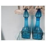 2- 24" BLUE HAND BLOWN GLASS DECANTERS