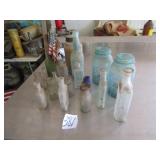 14 OLD BOTTLES ; BLUE CANNING JARS; COFFEE JAR