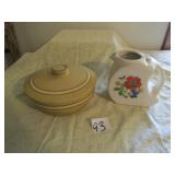 YELLOWWARE BOWL W/ LID ; CINTAGE PITCHER W/ CHIPS