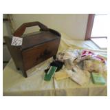 EARLY WOOD SEWING TOTE FULL OF SEWING SUPPLIES