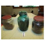 2 COFFEE JARS; GREEN STORAGE JAR