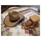 VINTAGE STRAW HAT ; WOOD TRAIN