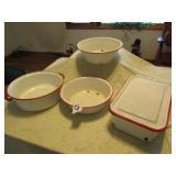 4 PIECES RED & WHITE GRANITEWAREW/ LIDS