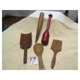 OLD WOOD KITCHEN TREENWARE ; RED PAINTED WOOD