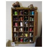 WOOD PEPSI POP CRATE FULL OF SEWING THREAD , MORE