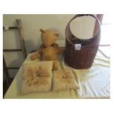 VINTAGE BEAR; PILLOWS; OLD BASKET