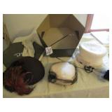 VINTAGE HAT BOX ; 4 VINTAGE LADY HATS; GLOVES