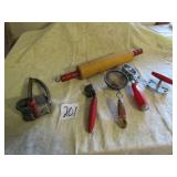 6 PIECES RED HANDLE KITCHEN ITEMS