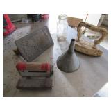 BACON PRESS ; FUNNELS; MILK BOTTLE; MORE