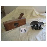 MINIATIURE CAST IRON SCALES; VINTAGE WOOD PLANE