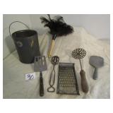 TIN BUCKET ; OLD KITCHEN UNTENSILS ; FEATHER DUSTR