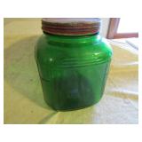 GREEN GLASS COFFEE JAR W/ RED TIN LID