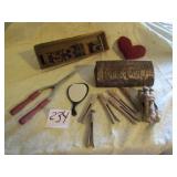 VINTAGE TIN COMB WALL CASE; WOOD CLOTHS PINS
