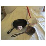 CAST IRON SKILLET; CI LEAD DIPPER ; GRANITE RED &
