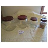 4 VINTAGE JARS W/ TIN LIDS