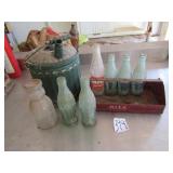 RED METAL TRAY ; OLD POP BOTTLES ; GAS CAN