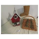 2 BASKETS ; BIRD HOUSE CHRISTMAS DECOR