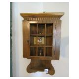 SMALL OAK CORNER CABINET W/ SHELF & DECOR