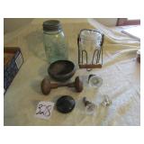 ALAS GREEN QT. JAR; VINTAGE DOOR KNOBS; GLASS