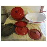 3 RED GRANITE LIDS; RED GRANITE CAKE COVER;