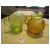 GREEN DEPRESSION TEA PITCHER ; AMBER TEA PITCHER