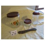 RED TOP SUGAR JAR ; 2 PUNCH LID JARS; WOOD KNIFE