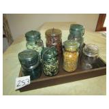 7- VINTAGE JARS ; WOOD TRAY